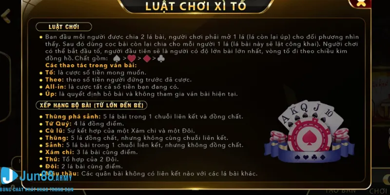 Làm quen luật đánh xì tố Jun88